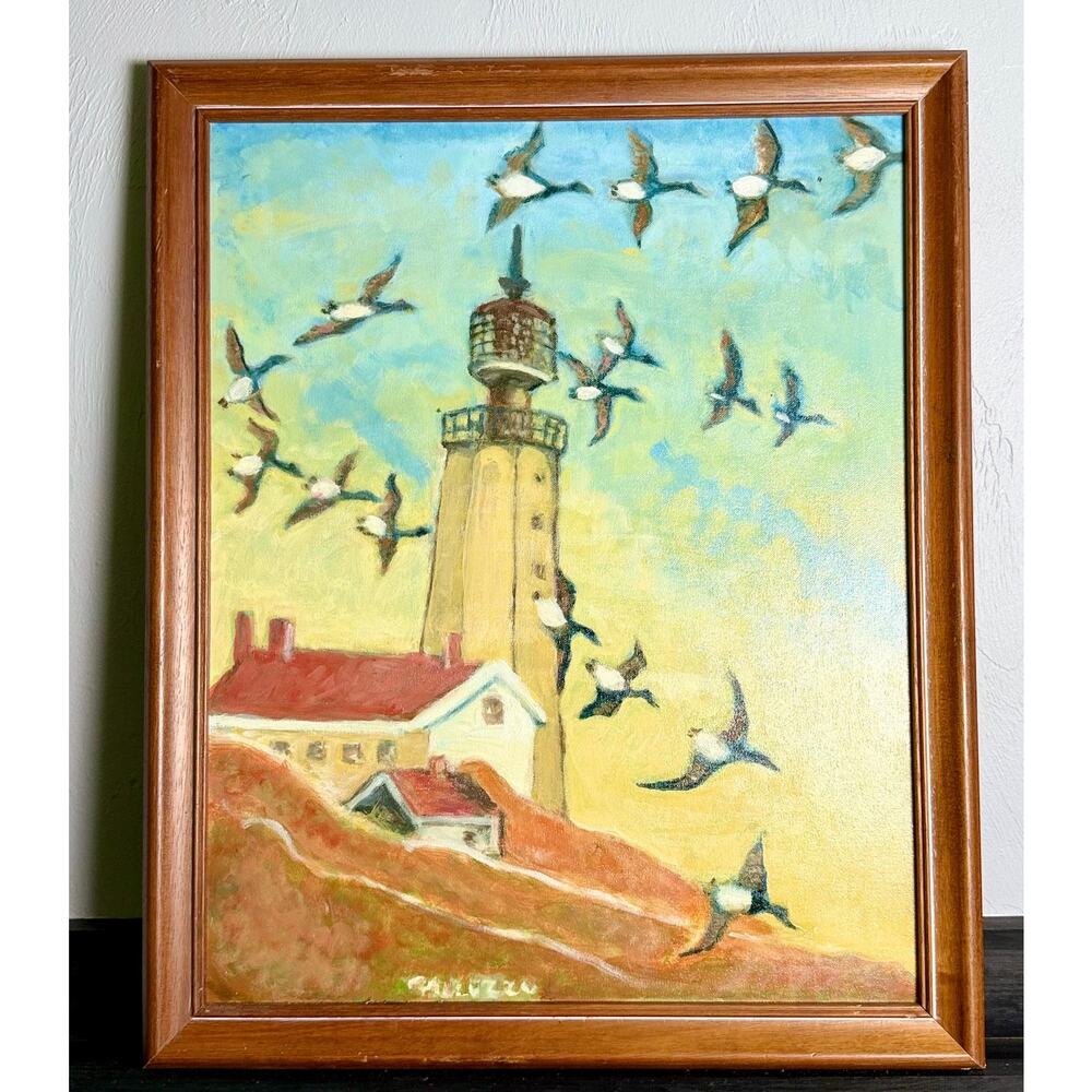 Vintage Original Lighthouse Painting Flying Seabirds Signed Coastal Wall Decor - Picture 3 of 14